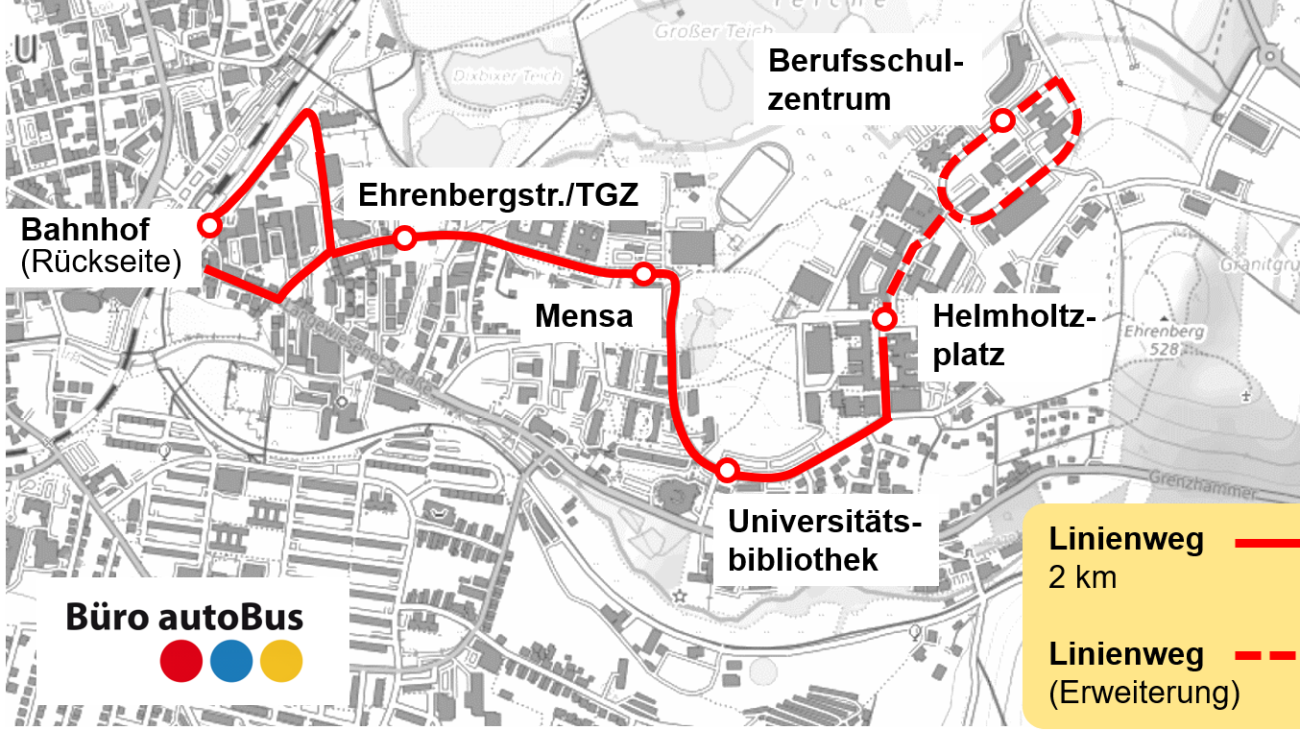 Die geplante Strecke vom Bahnhof zum Campus der Technischen Universität Ilmenau mit möglicher Erweiterung zum Berufsschulzentrum (© Büro autoBus)